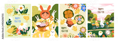 Cute Happy Easter cards designs set. Greeting postcards with fairytale characters, painted eggs, rabbits, bunnies and festive cakes. Spring holidays congratulations. Colored flat vector illustrations