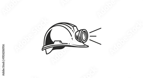 Safety helmet with integrated lamp, essential for underground mining operations, providing illumination.