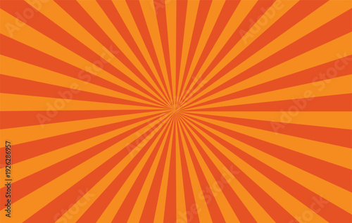 A vibrant orange background with a dynamic sunburst pattern radiating from the center