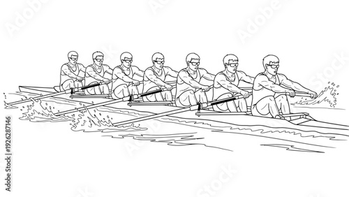 Black and white line drawing of eight rowers in a boat with oars on water against a plain white background.