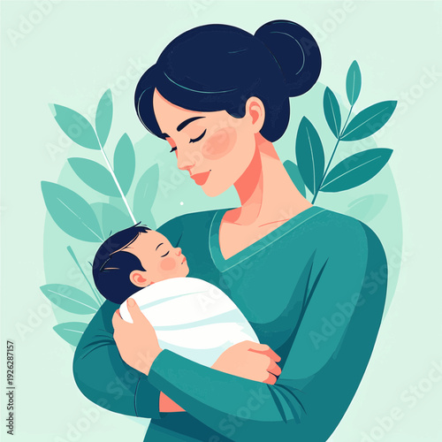 A loving mother gently cradles her sleeping newborn baby, surrounded by soft green leaves in a serene illustration.