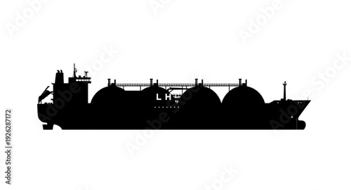 Silhouette of a large liquefied natural gas tanker ship sailing on the ocean.