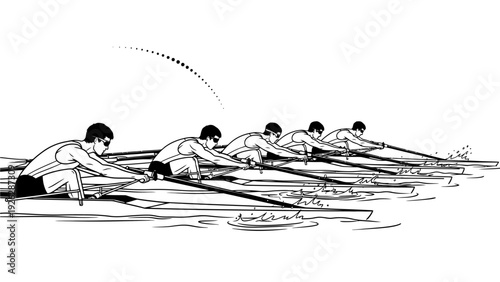 Illustration of a rowing team in action with oars, captured in a dynamic black and white line drawing with a clean white background.