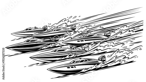 Black and white illustration of multiple speedboats racing across the water with dynamic motion lines.
