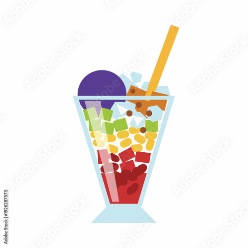 A delightful and colorful layered dessert, reminiscent of popular summer treats, featuring sweet ingredients, creamy ice cream, and refreshing shaved ice, presented in a vibrant illustration