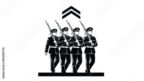 A group of soldiers marching in formation with rifles on a white background with a chevron symbol.