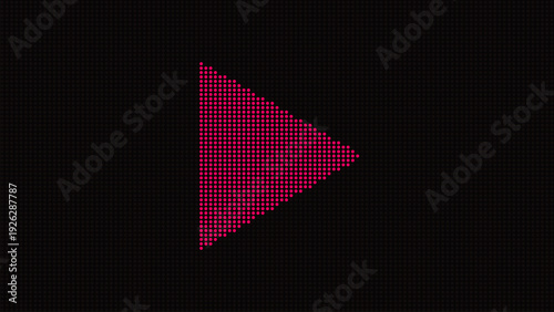 Digital illustration featuring a vibrant red play symbol composed of glowing LED dots. The design sits on a dark, textured grid background, mimicking an electronic screen or digital billboard. 