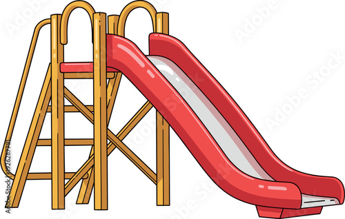 Outdoor Playground Slide Illustration with Wooden Support Frame and Red Curved Ramp for Kids Park, School Playground, and Recreational Area Design