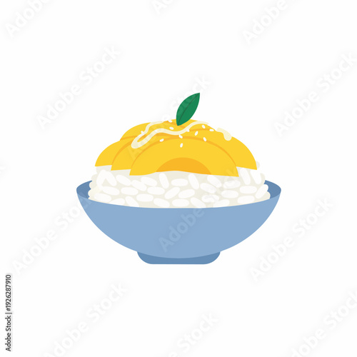 Delicious and vibrant tropical mango dessert served on a generous bed of fluffy white rice in a charming blue bowl, garnished with a fresh green leaf, perfect for a sweet and refreshing treat