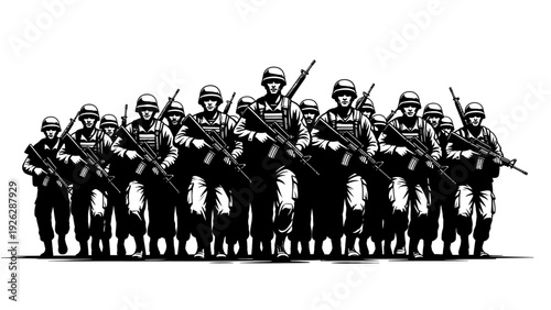 A group of soldiers standing in formation with rifles on a white background in a monochromatic illustration.