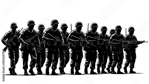 Silhouette of a line of soldiers marching in formation with rifles against a plain white background.
