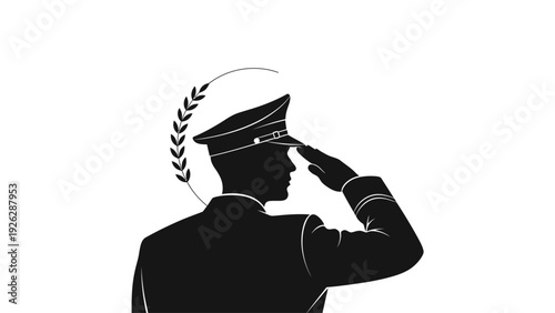 Silhouette of a military officer saluting with a laurel wreath emblem on a white background in a graphic design.