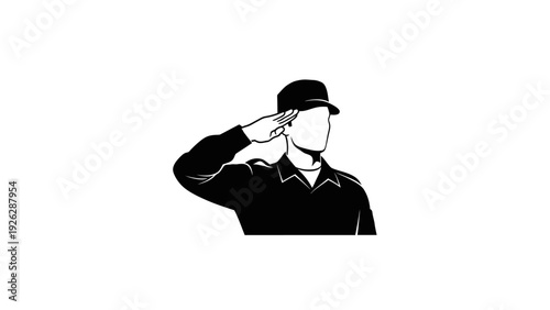 A faceless man in a black uniform and cap salutes with his right hand on a white background in a simple graphic style.