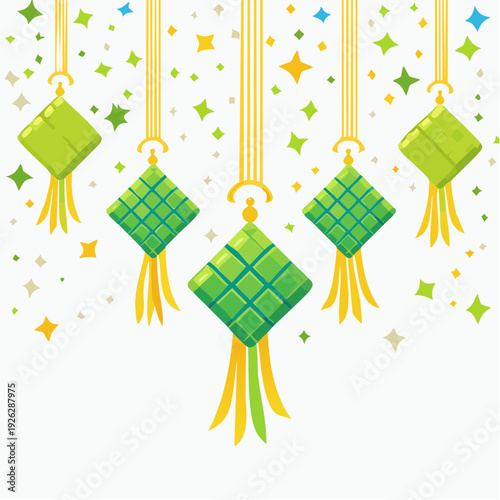 Five green lanterns hanging from yellow ribbons with stars.