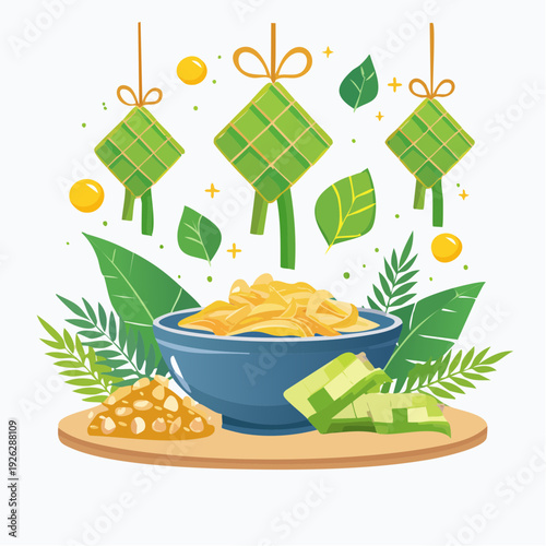 Colorful illustration of ketupat and snacks for festive celebration.