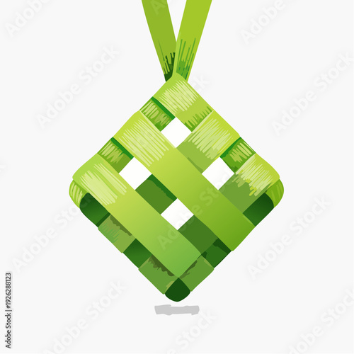 Green woven diamond-shaped pendant hanging on a ribbon.