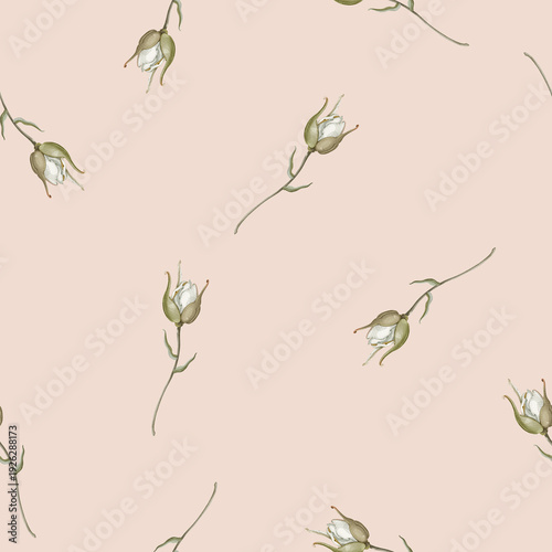 Seamless Sage Green Floral Pattern with White Rosebuds. Soft pink background