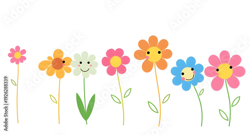 spring, flowers, flower, floral, character, cartoon, cute, vector, illustration, isolated, nature, bloom, blossom, petals, smiling, happy, playful, kids, mascot, design, graphic, colorful, bright, che