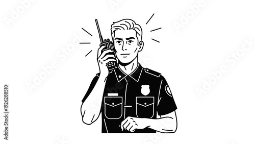 Illustration of a security guard holding a walkie-talkie with a concerned expression on a plain white background.