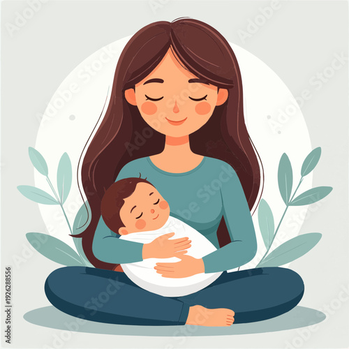 A gentle illustration of a mother lovingly cradling her sleeping newborn baby, surrounded by soft green leaves, depicting peace and maternal bond.