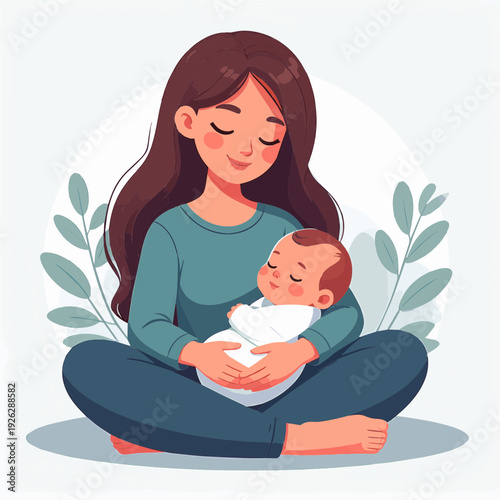 A heartwarming illustration of a mother gently cradling her sleeping newborn baby, surrounded by soft green foliage.