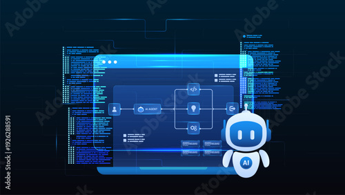 AI workflow automation artificial intelligence. ai agent workflow diagram dashboard machine learning with data pipelines, flow process, coding, and processing system.
