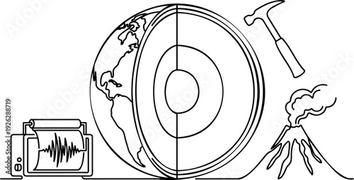 Line art vector of a geology concept with an Earth cross section, seismograph, hammer, and volcano
