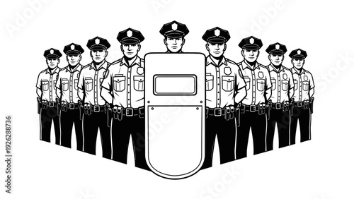 A group of uniformed police officers standing behind a large smartphone on a white background in a line illustration.
