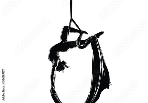 Aerial silk acrobat illustration. Graceful female performer demonstrating artistic movement and flexibility. Concept of strength, balance, and performance art.