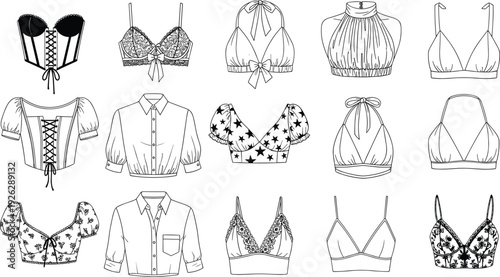 Black and white vector line art illustration set of fifteen diverse women crop tops bras and lingerie for fashion branding apparel retail design