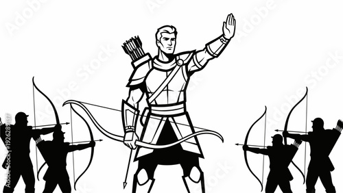 Illustration of a medieval archer in armor standing with one arm raised and holding a bow and quiver, surrounded by three silhouetted archers aiming bows in a graphic composition with a