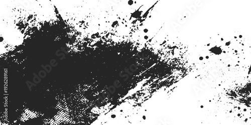 Abstract black paint splatter with rough grunge texture dust scratches expressive brush strokes on white background.
