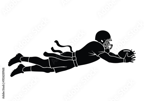 American football player diving catch. Athlete silhouette with ball and helmet. Sports action and competition concept.