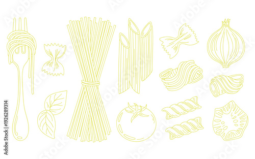 Assorted Pasta Shapes and Ingredients on White Background
