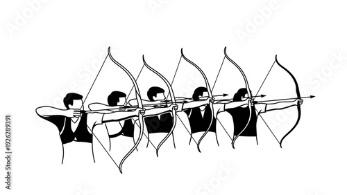 A black and white illustration of five archers standing in a row, each holding a bow and arrow, against a plain white background with a graphic style.