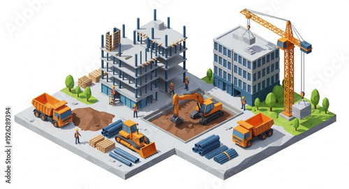 Isometric Construction Site with Crane and Buildings.