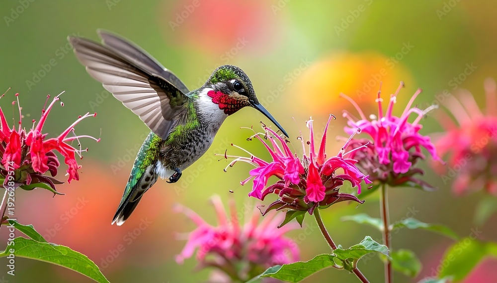Fototapeta premium A hummingbird feeds on a vibrant pink flower