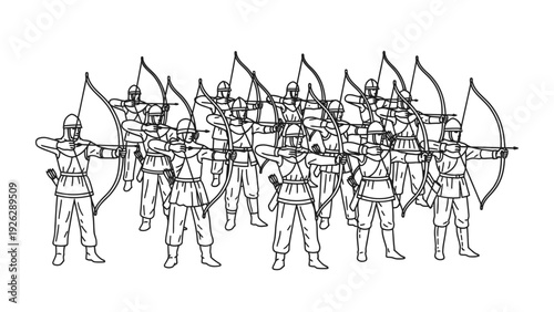 A group of medieval archers standing in formation with drawn bows and arrows in a black and white line drawing style against a plain white background.