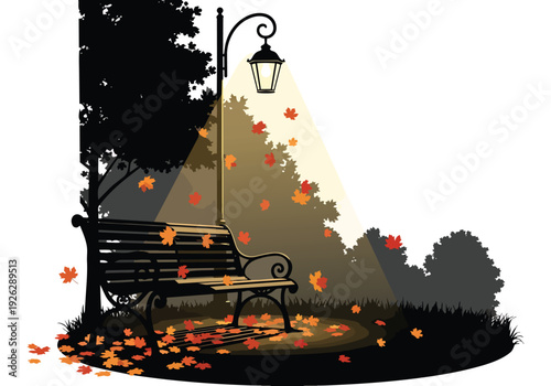 Autumn park scene illustration. Park bench under glowing lamppost with falling autumn leaves. Tranquil seasonal evening concept.