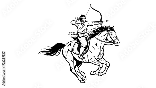A cowboy riding a horse and shooting a bow and arrow in a dynamic pose against a plain white background.