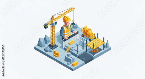 Isometric Construction Site with Crane.