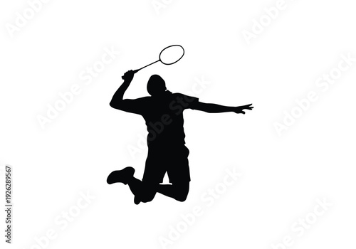 Silhouette of a badminton player. Dynamic person jumping with a racket, mid-air action. Sport and athleticism concept.