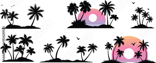 Assorted tropical palm tree silhouettes against pastel gradient sunsets on white palm trees beach