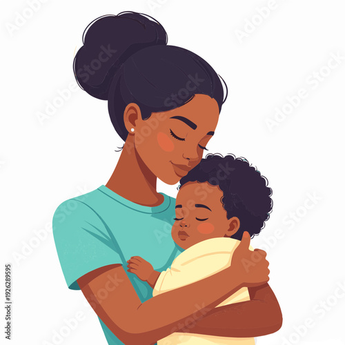 A loving Black mother gently cradling her sleeping baby, showcasing a tender moment of maternal affection and peace.