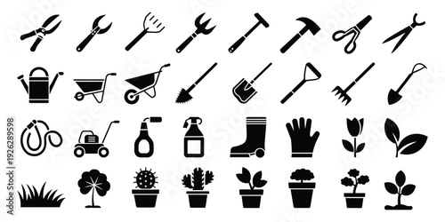 Assortment of Black and White Icons for Gardening and Yard Work tools silhouette