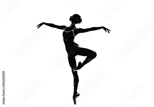 Ballerina silhouette in graceful dance pose. Female dancer performing artistic movement. Elegance, balance, and strength concept.