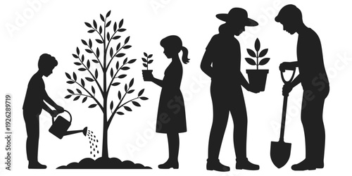 Children and adults planting a tree with watering can and shovel on white background Keywords: planting, tree, watering, shovel
