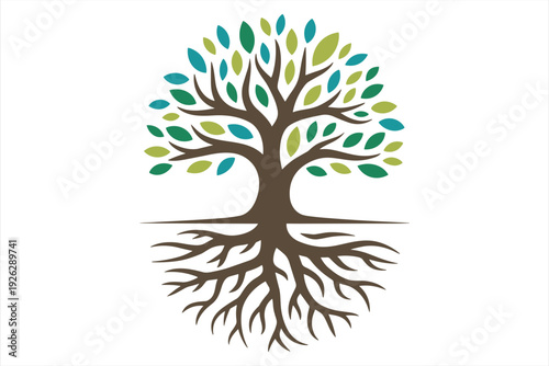 Circular tree logo with green leaves and brown roots on white background nature growth