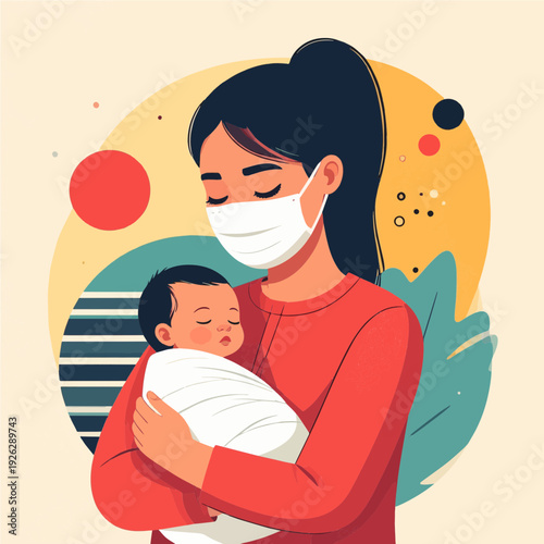 A mother wearing a face mask gently holds her sleeping swaddled baby in a colorful abstract illustration.