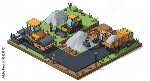 Isometric Construction Site with Machinery.